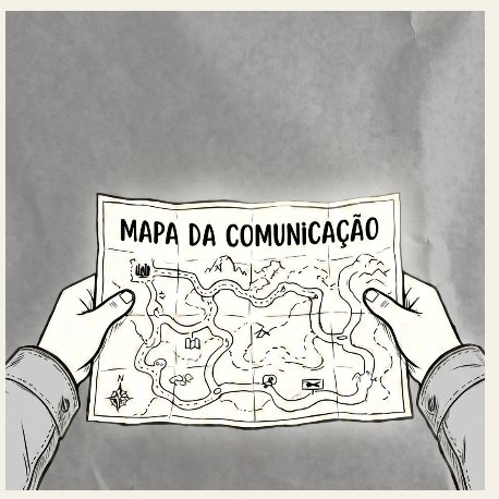 Ilustração de mãos segurando o Mapa da Comunicação