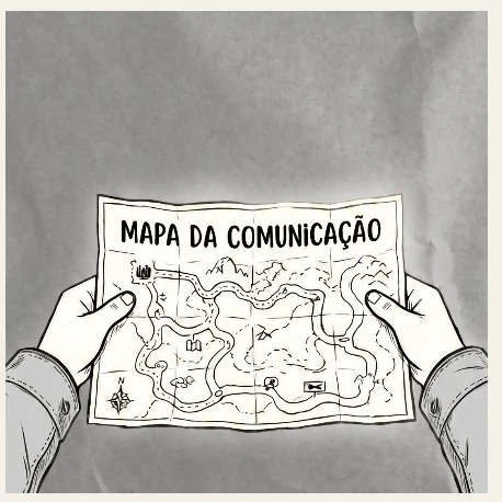 Ilustração de mãos segurando o Mapa da Comunicação